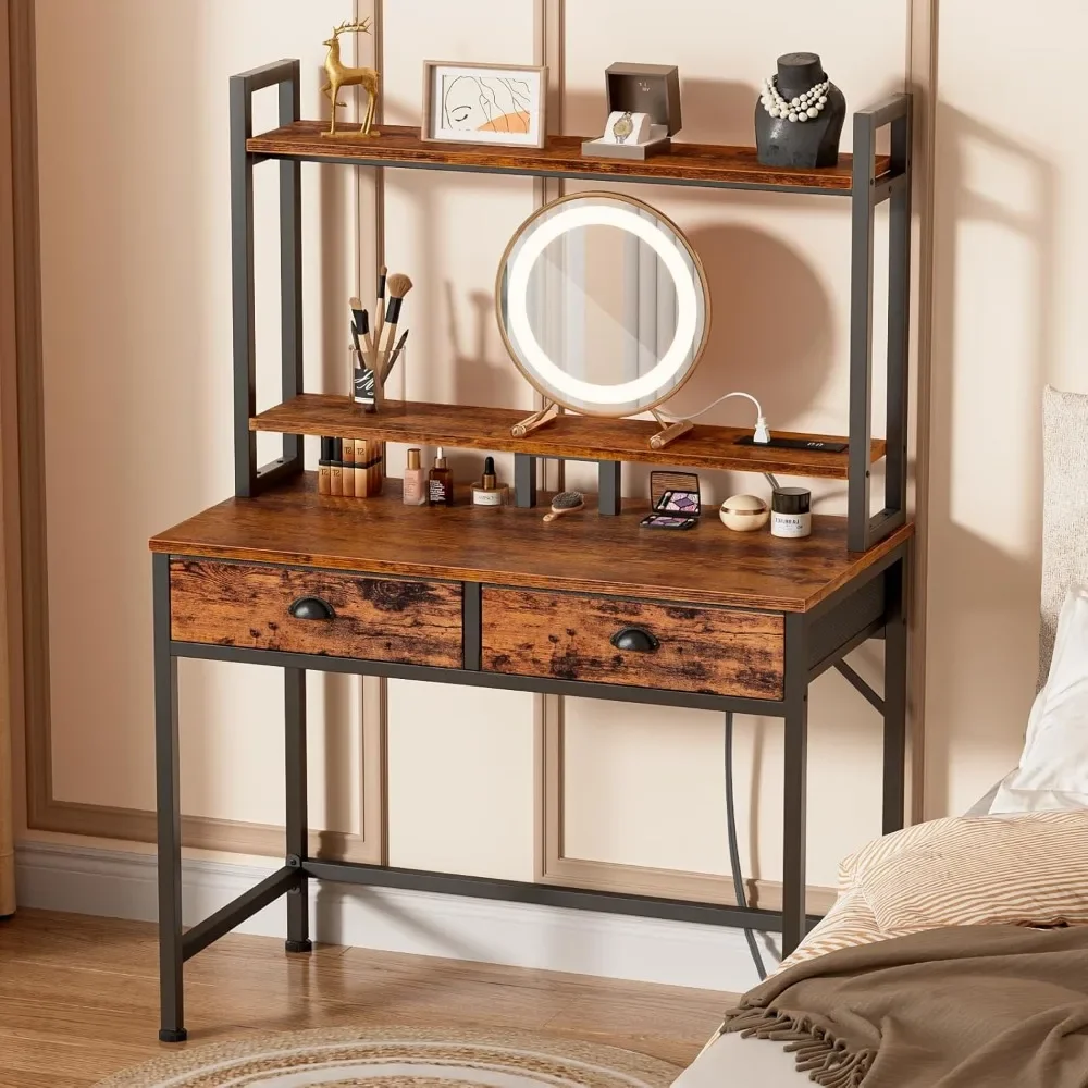 مكتب كمبيوتر صغير مع أدراج، مكاتب مكتب منزلية مقاس 36 بوصة مع مخرج طاقة وإضاءة LED، مكتب ألعاب مع حامل شاشة، Mo