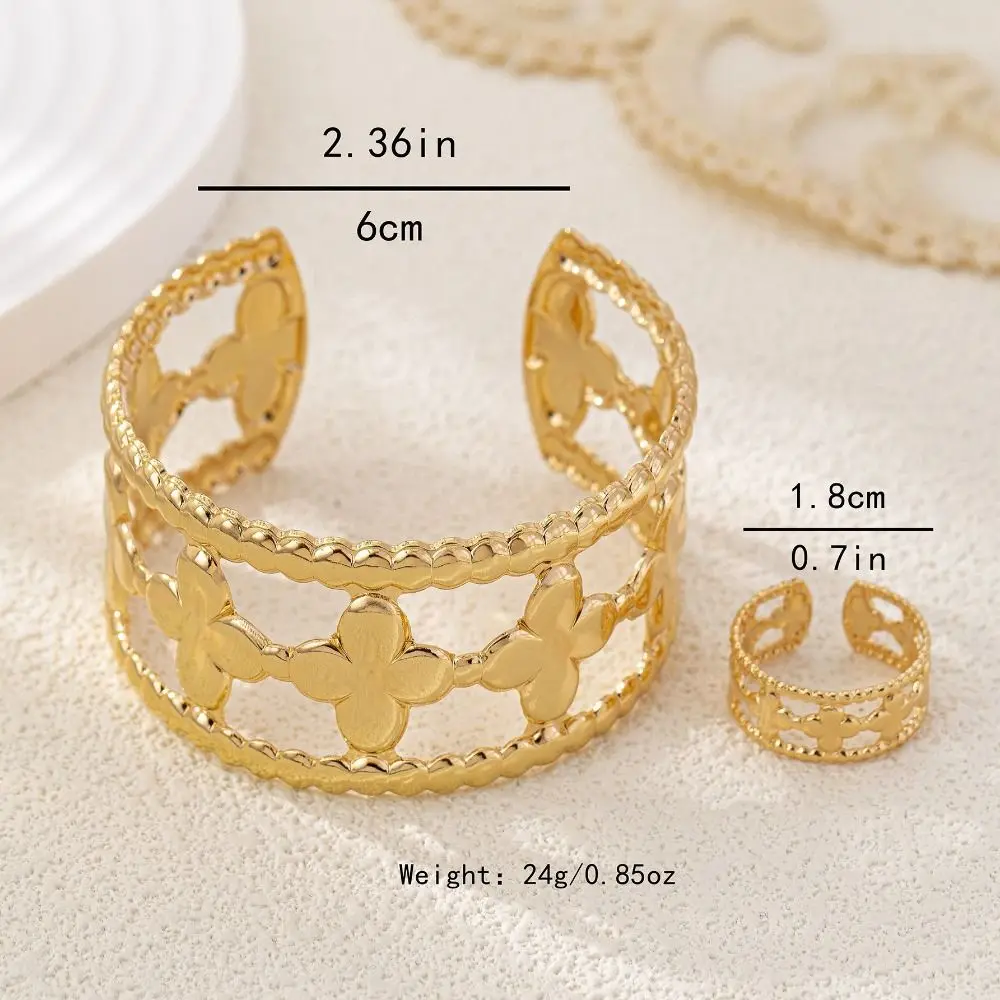 Exquisito brazalete de flores con forma de trébol, diseño floral, brazalete de flores huecas, técnica de fundición, brazalete ancho, pulsera abierta para niñas