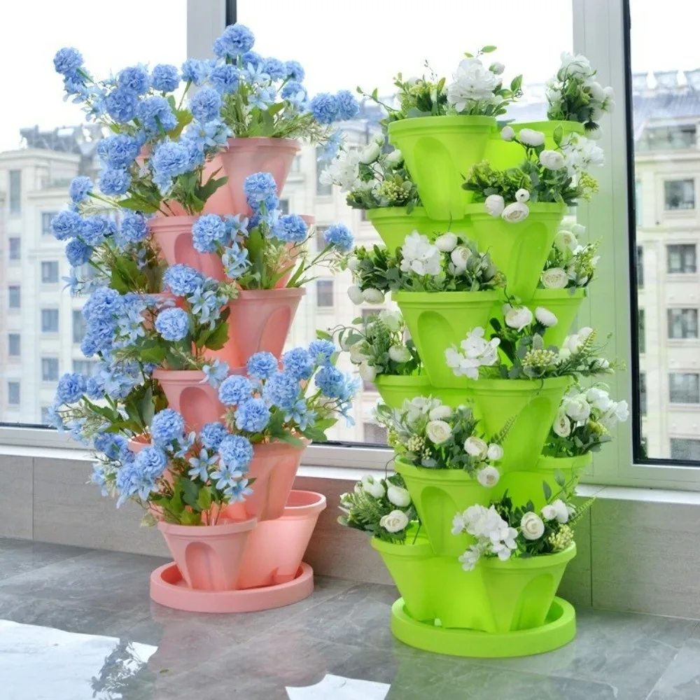 Durable 3/4 Petal Stackable Flower Pot Plastic Space Saving Vertical Pot Planting Container Strawberry Planting