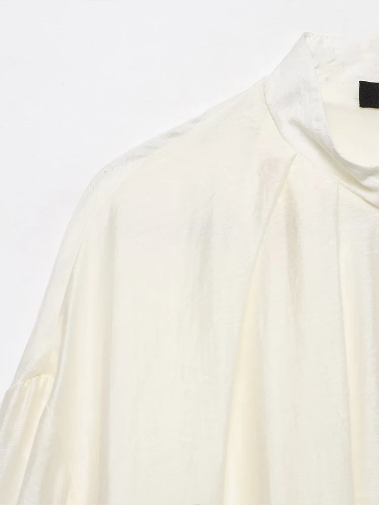 HH Women Spring Autumn Chic Off White Satin Bomber Jacket Stand Collar Zip Up Gathered Long Sleeve Elastic Hem For  Casual view 6