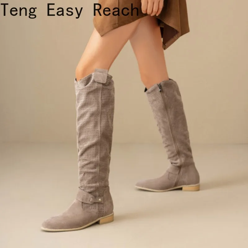 

Женские замшевые сапоги до бедра на низком каблуке с боковой молнией, размер 34-48, женские сапоги в стиле ретро, осенне-зимние сапоги до колена, 2025 г.