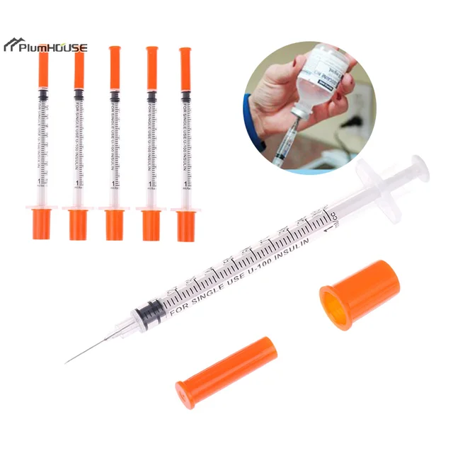 5 sztuk 1/0,5/0,3 ml jednorazowa plastikowa strzykawka weterynaryjna pomarańczowa nakładka sterylna strzykawka do insuliny z igłami dla zwierząt domowych zwierzęta gospodarskie kot pies