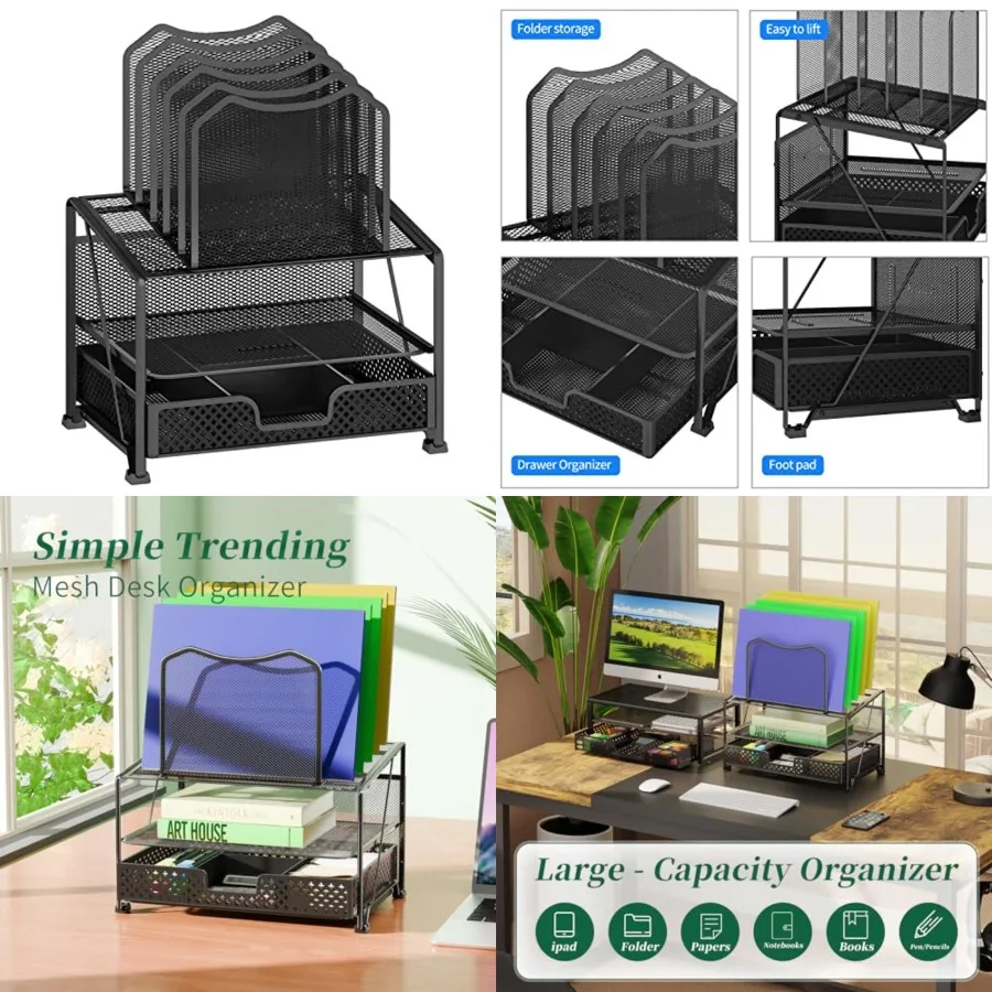 Organizador de mesa de malha de tendência simples com gaveta deslizante bandeja dupla com 5 seções para arquivo eficiente e identificação de armazenamento de livros