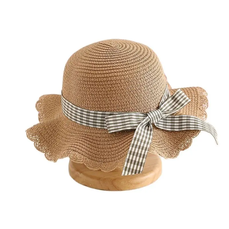 XEONGKVI 2022 Korean Grid Bowknot Parent-Child Sun Hats Bag Set Spring Summer Brand Wide Brim Beach Straw Hat For Women Girl