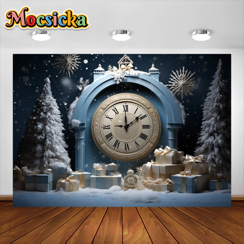 Winter Christmas Photography Background Clock Time House Snow Kids Home Party Portrait Decoration Background Photo Studio