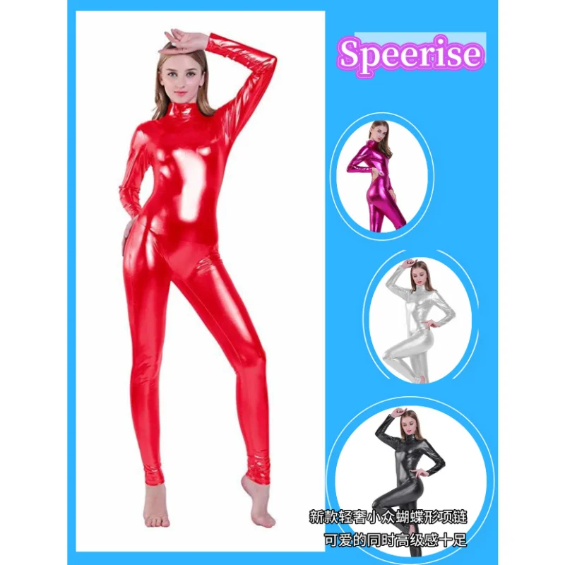 

Speerise Women Shiny Metallic Ballet Dance wear Jumpsuits Front Zipper Unitard Stage Perforance Halloween Costumes Cosplay Suits