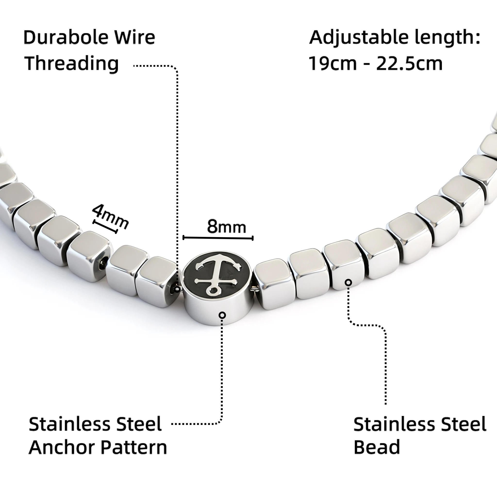 Runda Men\'s Stainless Steel Bracelet Box Chain Anchor Pattern Pendant Adjustable 22cm Fashion Luxury Brand Accessory