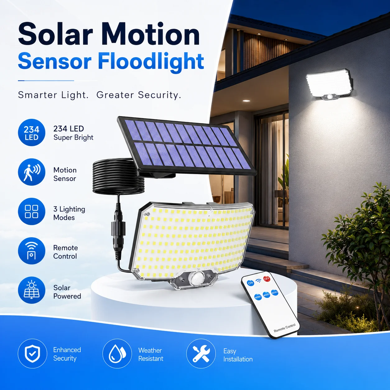 Aiopp 234LEDS Solar-Wandleuchte für den Außenbereich mit Fernbedienung, 1500 mAh Akku, wasserdicht, geteiltes Design, Bewegungsmelder-Flutlicht für Terrasse, Garage