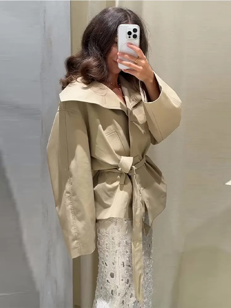 Gabardinas elegantes con solapa grande y cordones para mujer, chaquetas cortas con cinturón de manga larga y una botonadura, prendas de vestir exteriores elegantes para mujer de otoño 2025