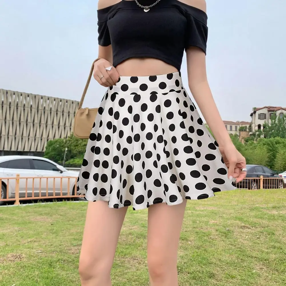 Fashion Women Summer Dot Printed Skirt Soft Breathable Loose High Waist A-line Pleated Midi Dress Party Costume