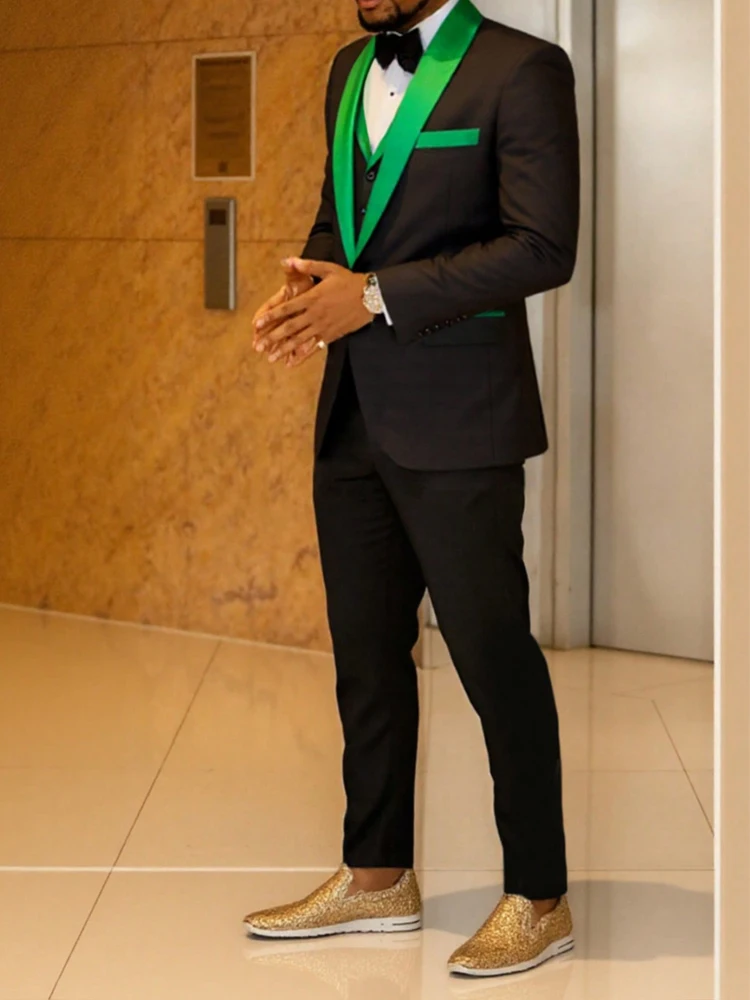 

A three-piece men's suit, including a tuxedo, a slim-fitting suit set, a sports jacket, a vest, and pants, suitable for dance pa