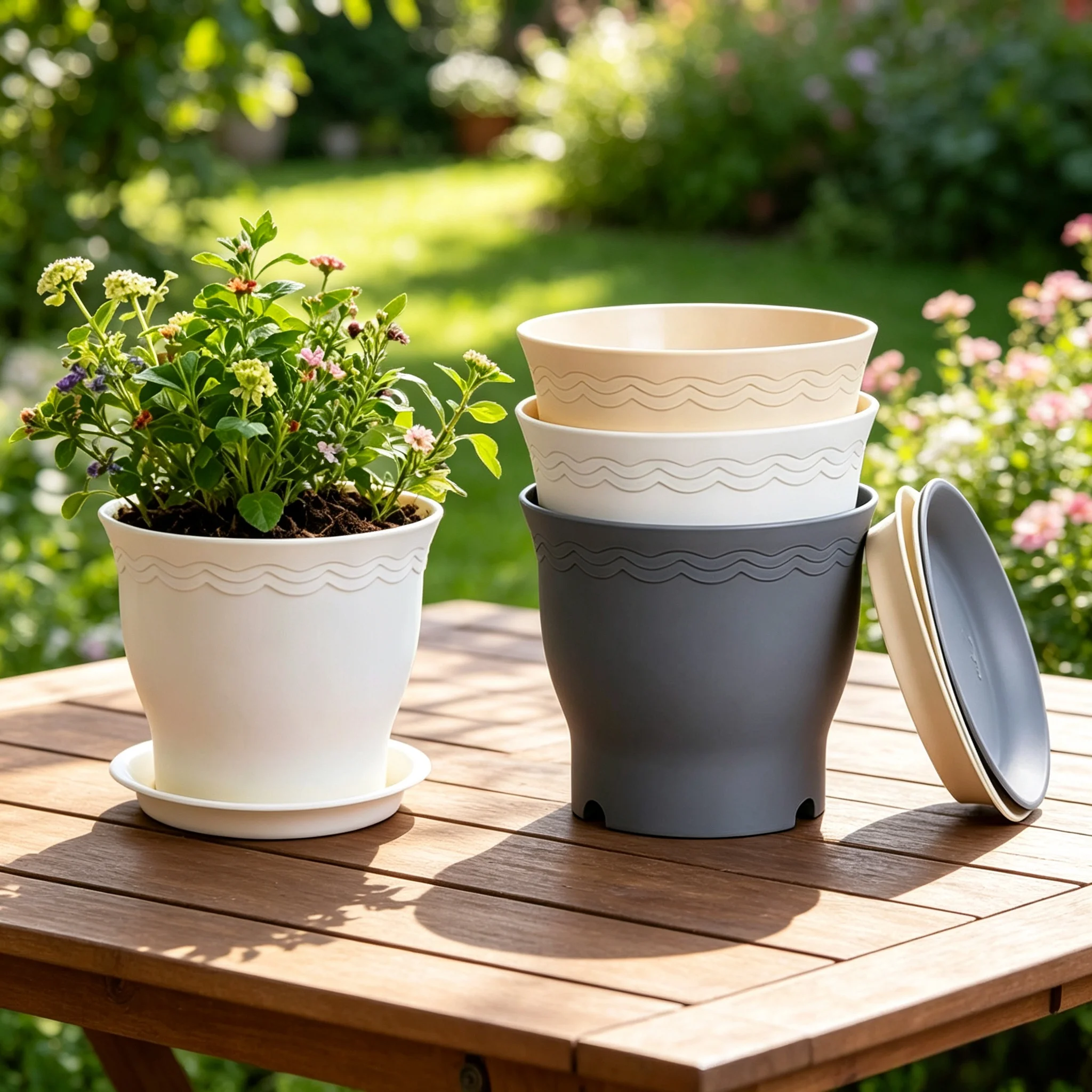 5Pcs Household Resin Plant Pot Anti-fall Thickened Breathable Flowerpot Desktop Green Plant Planter with Bottom TrayGarden Decor