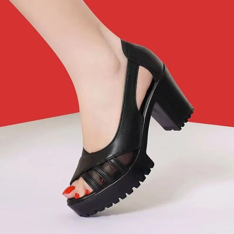 

NES Women's Hollow Sandals Summer Retro Solid Color Fish Mouth Open Toe Non-slip Lightweight Thick Heeled Shoes Zapato Mujer