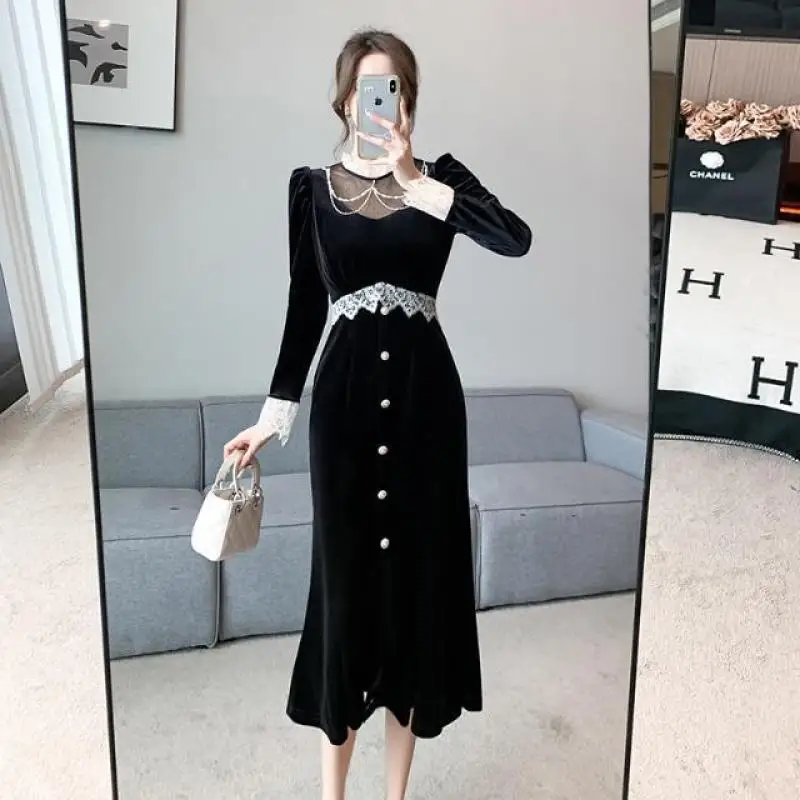 

2023 Autumn/Winter New Lace Velvet Skirt with Advanced Design Sense French Long Sleeved Elegant Mid Length Dress For Women