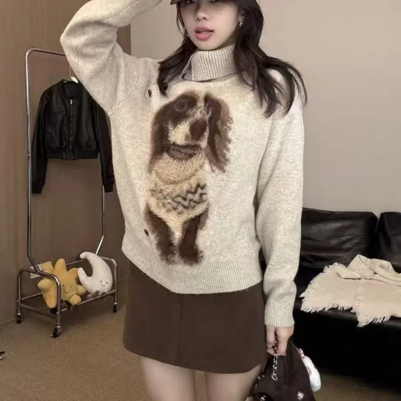 

Autumn Korean Button Turtleneck Sweaters Woman Loose Jacquard Plush Puppy Chic Sweater Casual Knitted Bottom Hem Thread Pullover