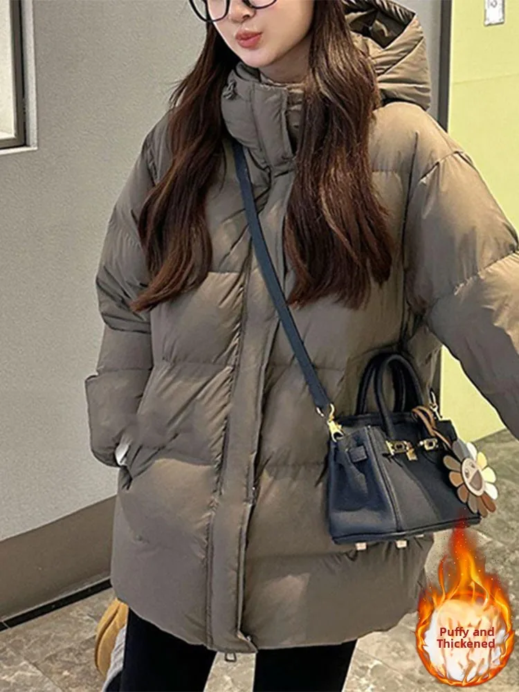 

Women's down Cotton Jacket Winter Thickened Warm Coat Long Sleeve Zipper Closure Mid-Length Korean Style Design Fluffy Hat