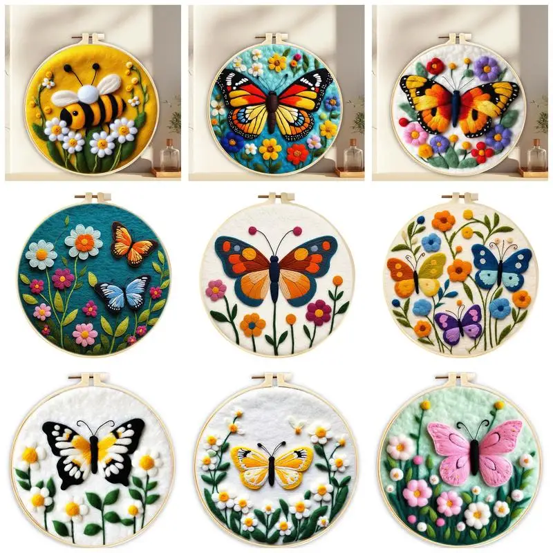 

RUOPOTY Bee Flowers Pattern Felt Painting Kit For Beginners Wool Needle Felt Set With Felt Needle Picture Frame Foam Pad Felt