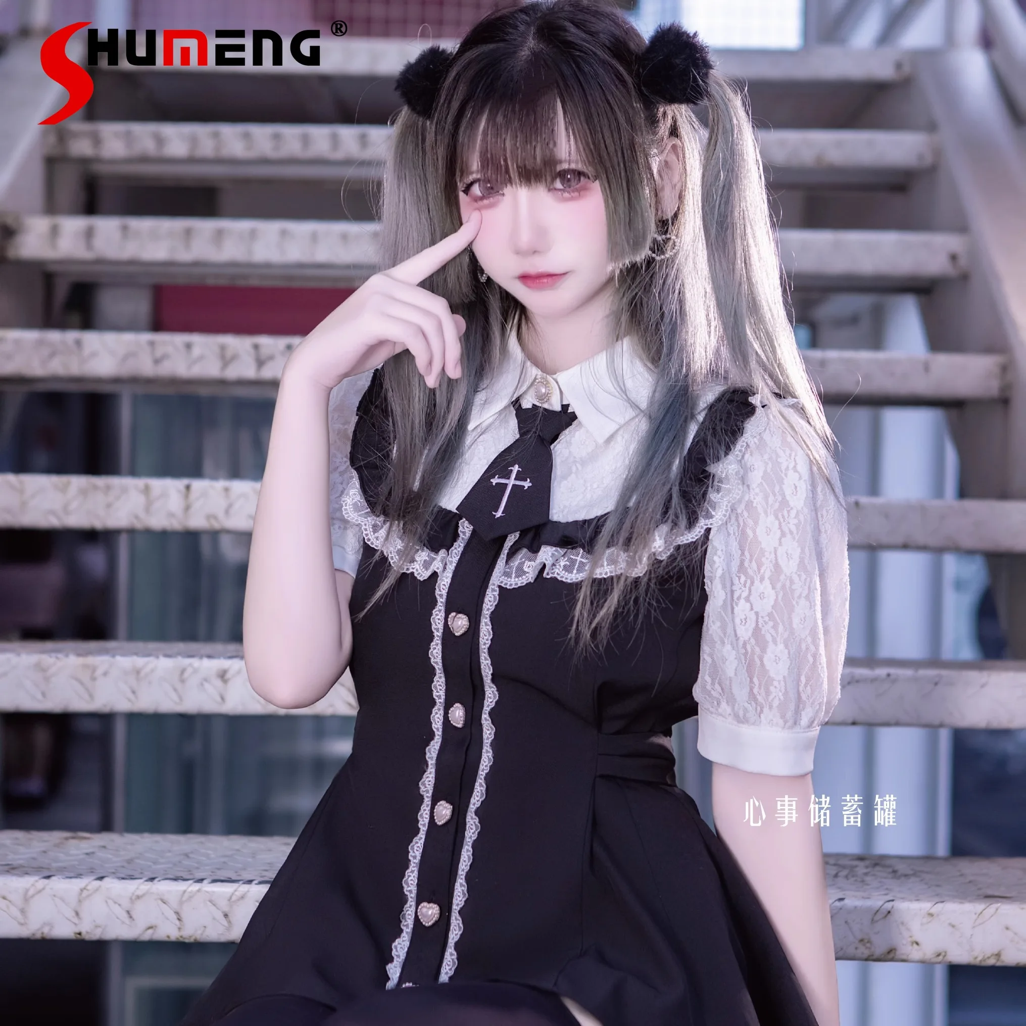 

Japanese Mine Style Mass-produced Gothic Lolita Dress Set Womens Cross Lace Short-sleeved Stripe Shirt and Shorts 2 Piece Sets