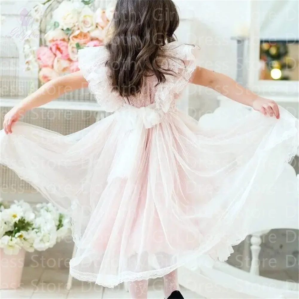 New White Butterfly Sleeves Lovely Flower Girls Dresses For Wedding Girl Birthday Party Wedding Evening Tulle Ball Gown