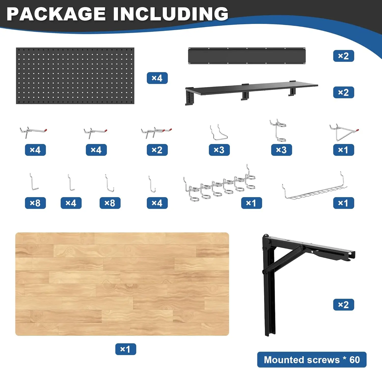 Wall Mounted Workbench Pegboard Folding Down Work Table Metal Pegboard Wall Organizer for Garage Workshop 48”X24”