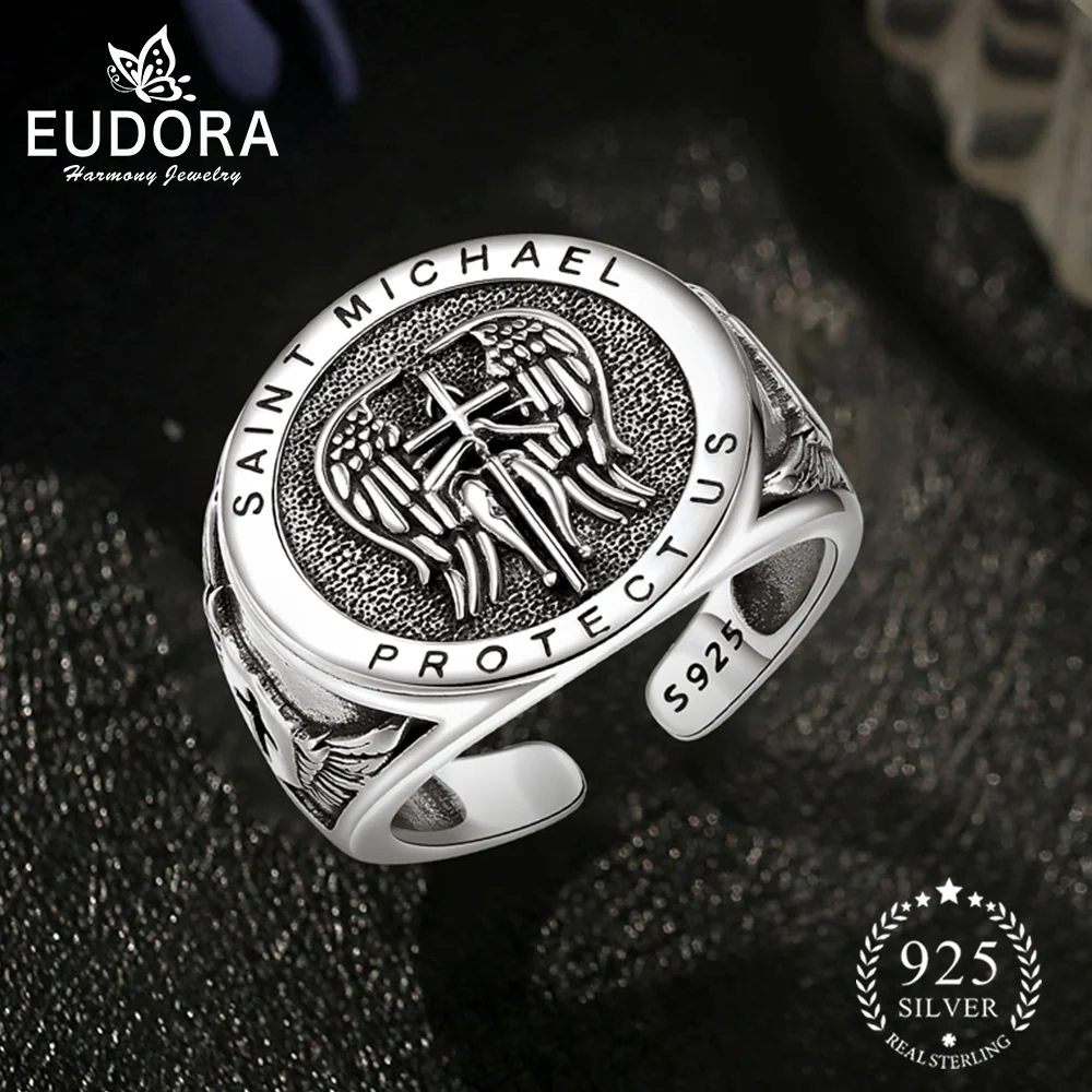 Eudora 925 Sterling Silver Saint Michael Adjustable Ring Archangel Amulet Cross Ring Christian Jewelry Gift for Men Women