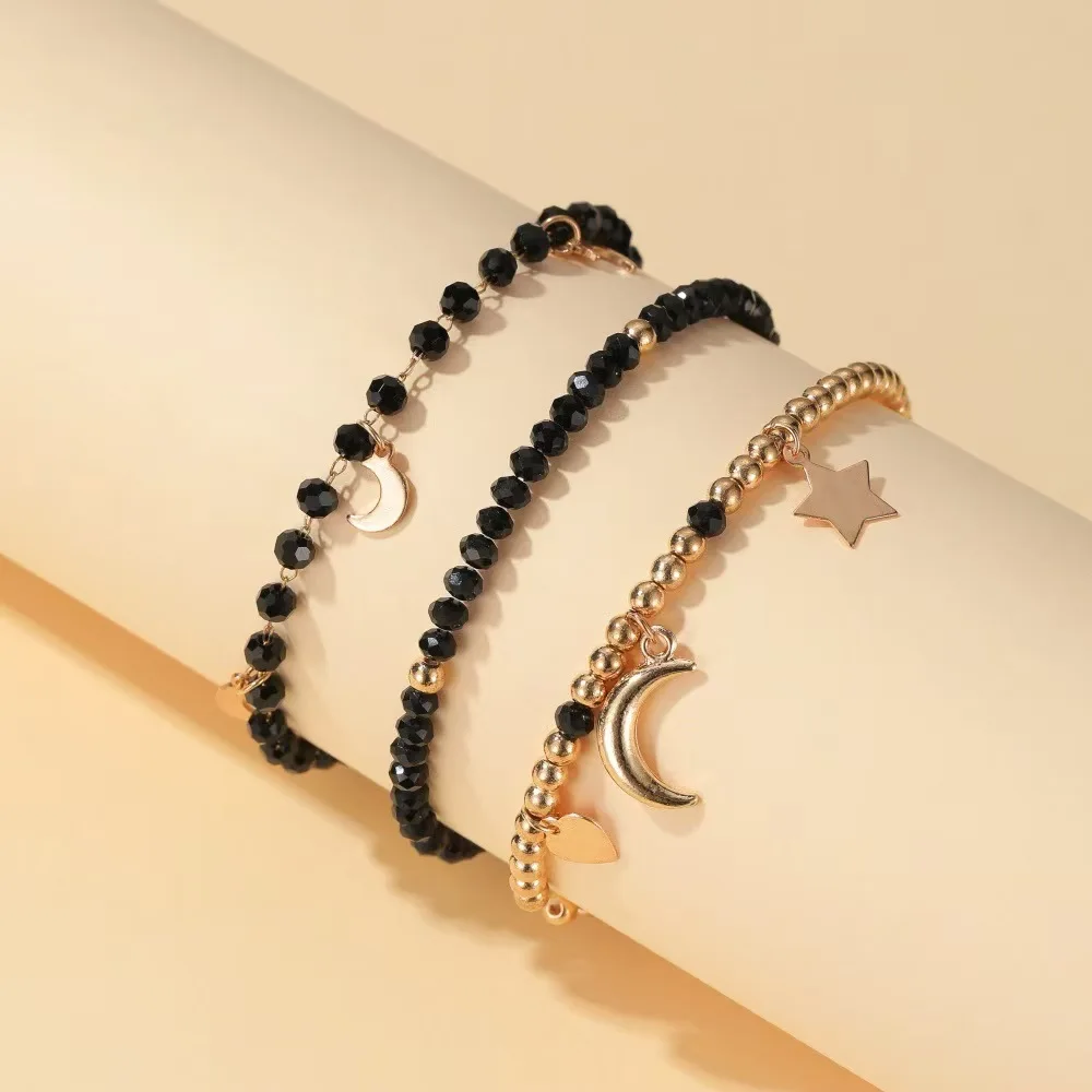 3Pcs Star Moon Charm Stackable Bracelet Set, Black Faceted Crystal Bead Rose Gold Layered Wrist Jewelry for Women