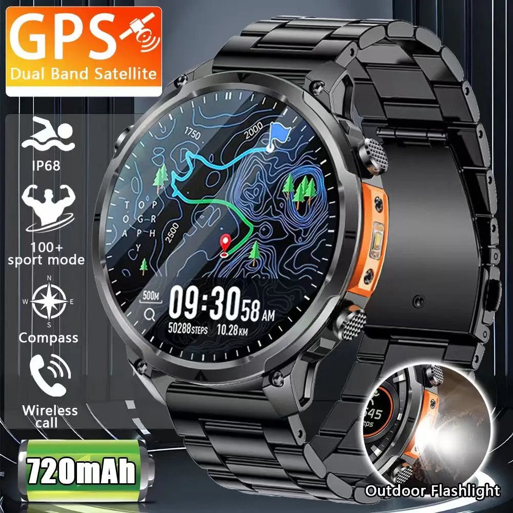 2026 New Outdoors Military GPS Sports Smart Watch Men Built-in Dual-Band GNSS Compass Altimeter 10ATM Bluetooth Call Smartwatch