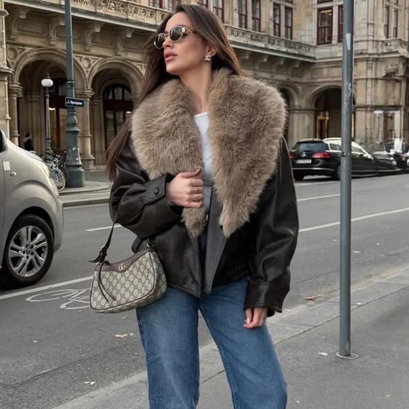 

Tornova Fashion Fur-Collar Leather Jacket Women's Splice Streetwear Long Sleeve Coat Autumn Winter 2025 Female Commuter Coats