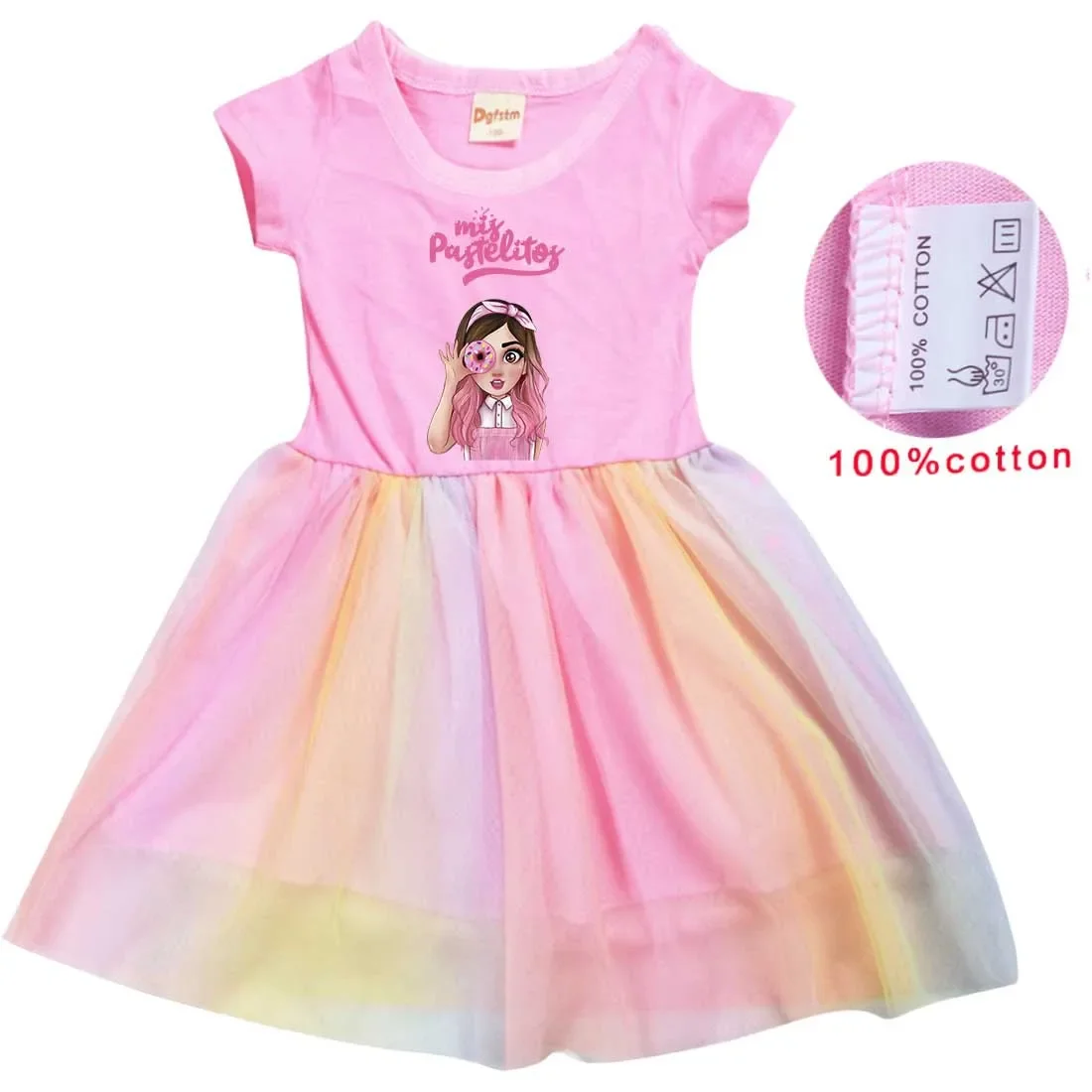 

Cute Mis Pastelitos T Shirt Rainbow Gauze Mesh Dress Kids Casual Clothes Baby Girls Princess Dresses Children Vestidos