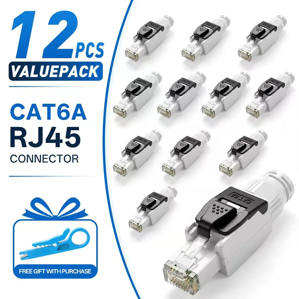 12Pcs Cat6A Tool-Free RJ45 Connector, 10Gbps Toolless RJ45 Plug No Crimping Required, Support 22-26AWG T568A/T568B Wiring