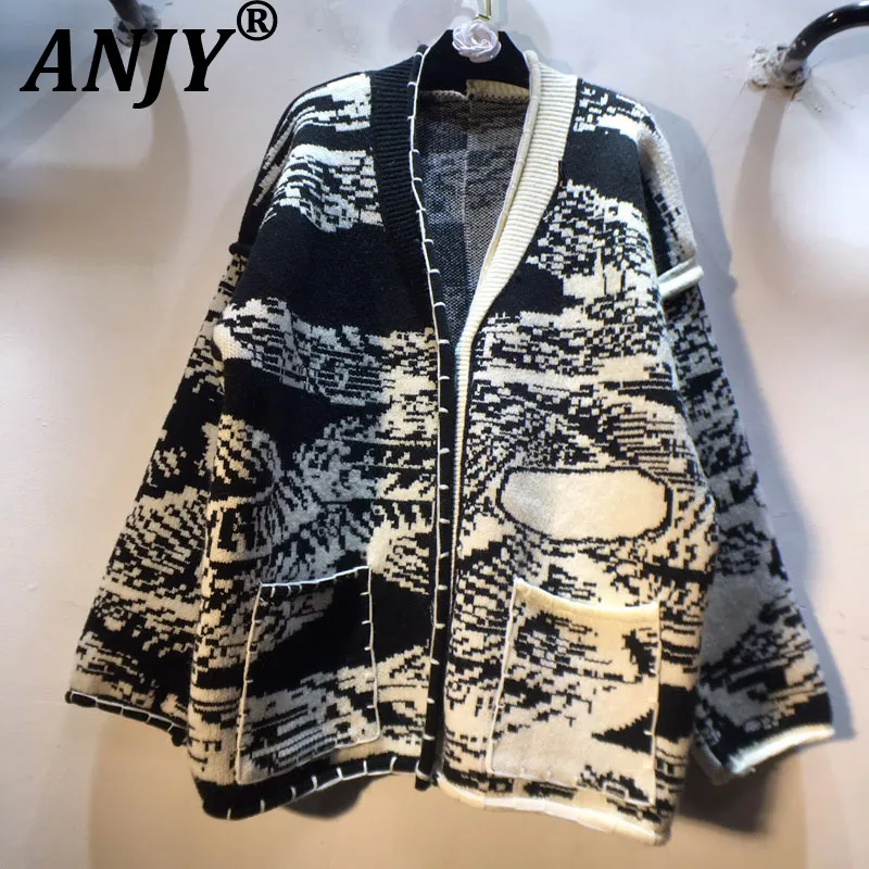 

ANJY 2025 Autumn Winter New Women Fashion Color Block Elegant High-End Sweater Cardigan Coat Chic Ins Tide Loose Slimming A16347