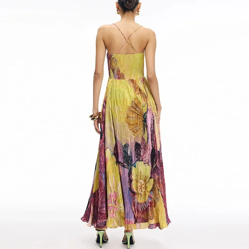2025 New Sexy Sling High Waist Party Dress Woman Elegant Pleated Print Robes Dress Summer Fashion Sleeveless Hollow Boho Dresses