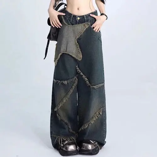 

Прямые широкие джинсы в стиле ретро темной серии. Женские свободные джинсы Four Seasons с модным дизайном в форме звезды в стиле пэчворк с высокой талией