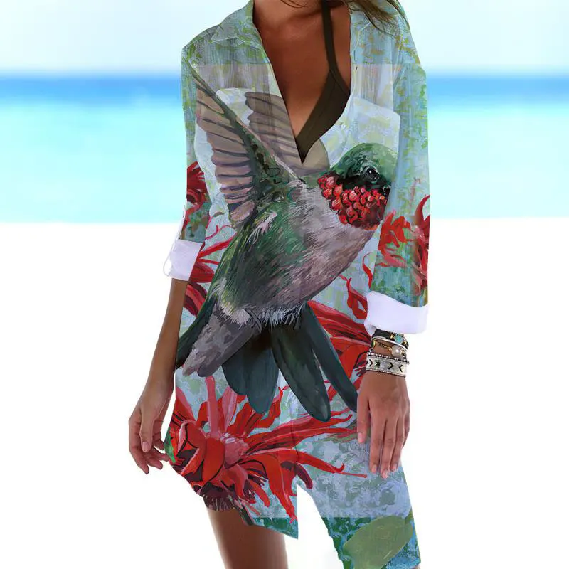 Summer New Women's Elegant 3D Print Bohemian Holiday Animal Bird Print Sunskirt Button Long Sleeve Loose Beach Shirt