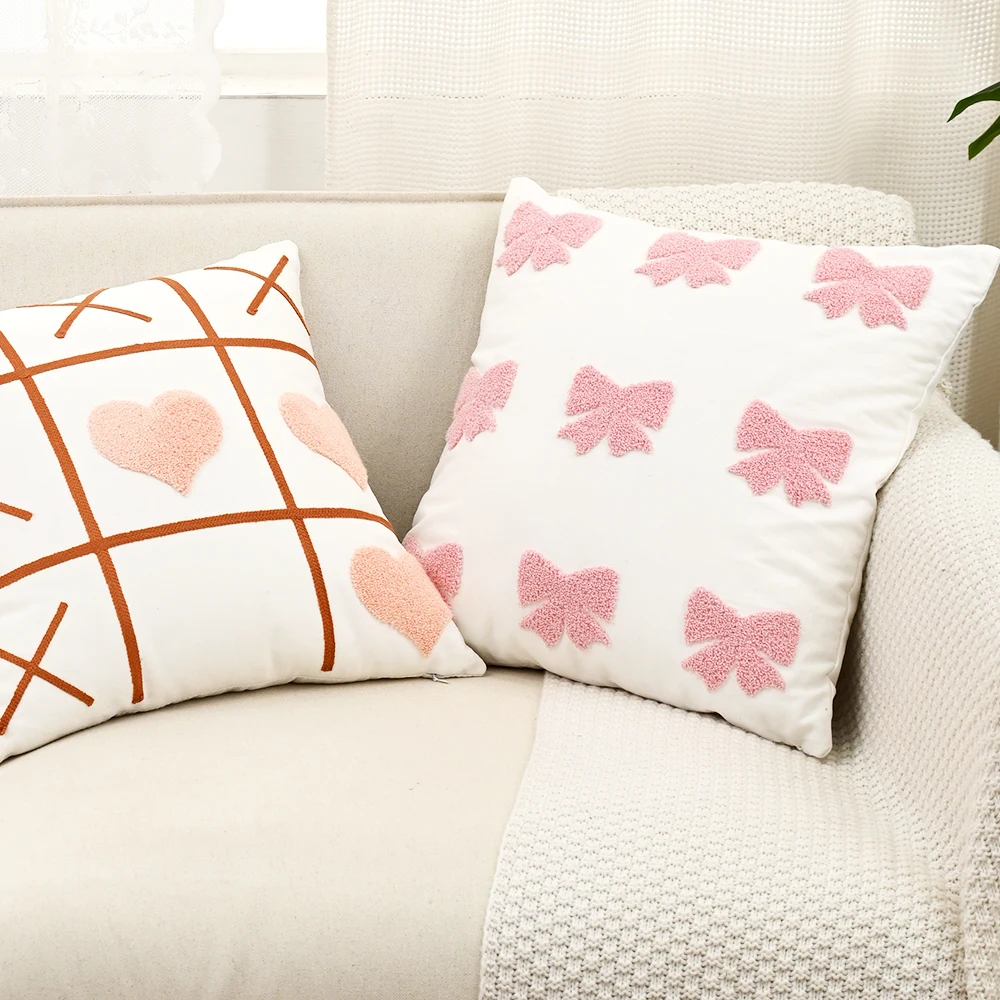 شراء القوس الحب زهرة المطرزة المخدة لطيف البوهيمي أريكة غطاء الوسادة غرفة نوم المنزل غرفة المعيشة ديكور cojines الفقرة سالا