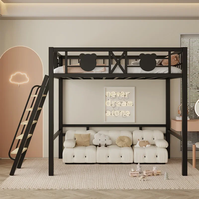 Elevated bed wrought iron loft iron frame bed second floor duplex loft wrought iron bed space saving