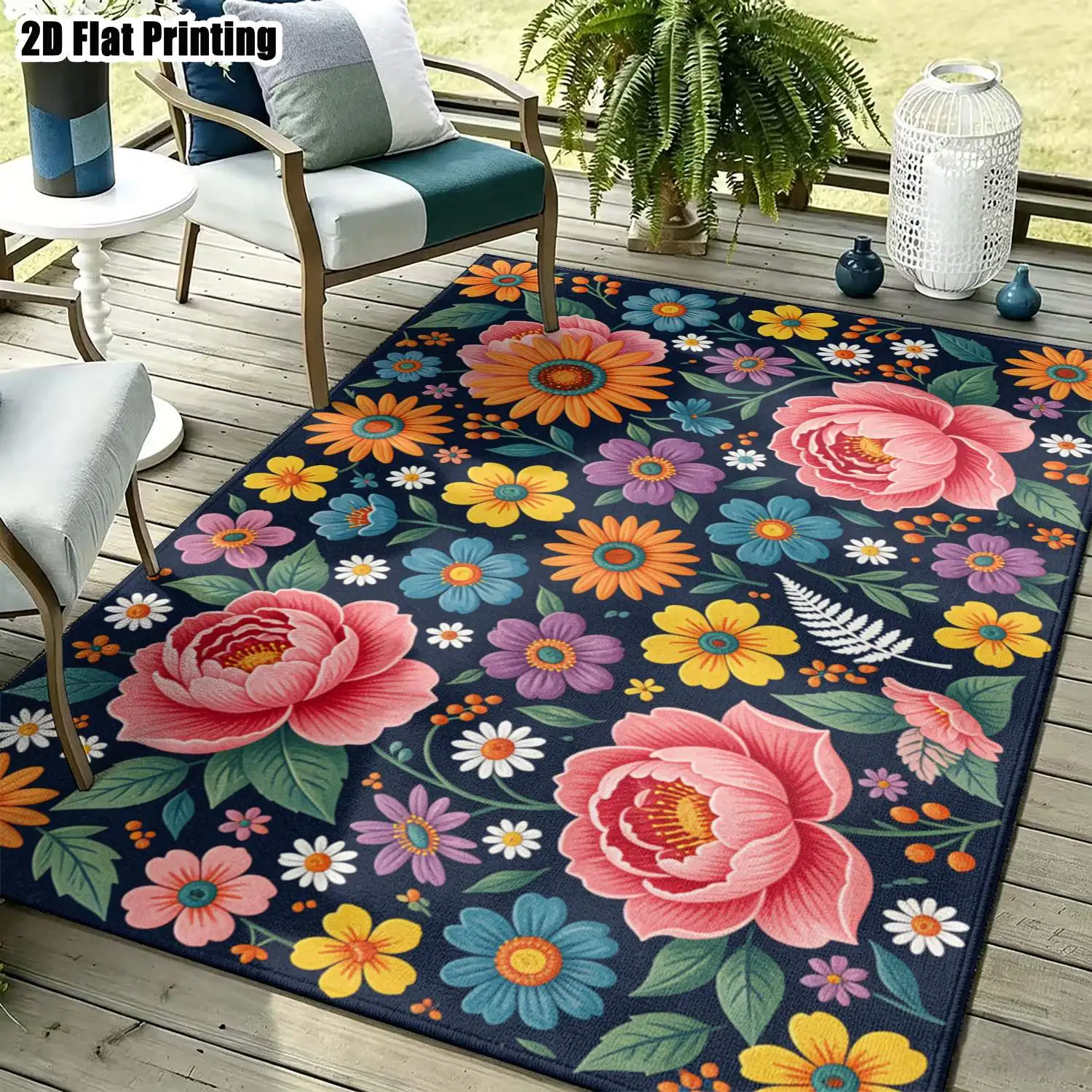 1Pc 2D Printed Carpet: Dark Blue Base, Colorful Floral Patterns European/Bohemian/Vintage Geometric Floral Styles, Multi-Size, Machine Washable. Ideal for Entrance, Dining Room, Foyer, Bedroom, Living Room Home Decoration.