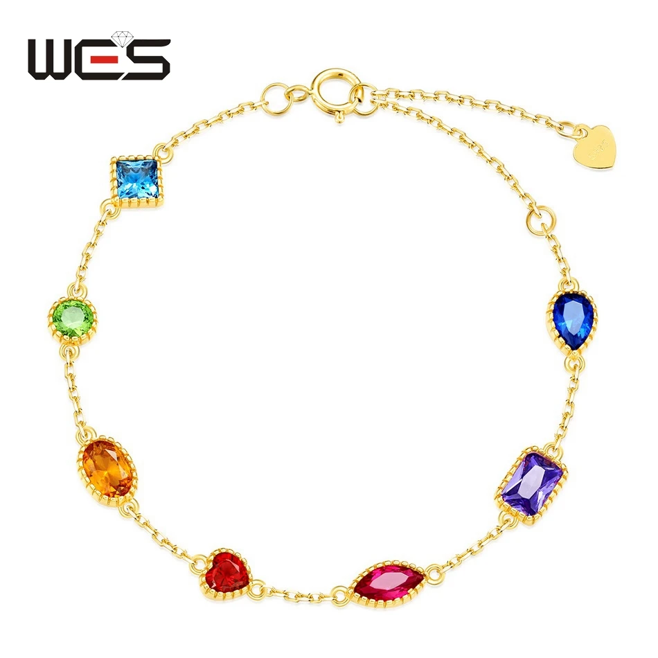 WES 925 Sterling Silver Rainbow Zicron Bracelet for Women Colorful Gemstone Fashion Jewelry Dopamine Female Gifts Wholesale Band