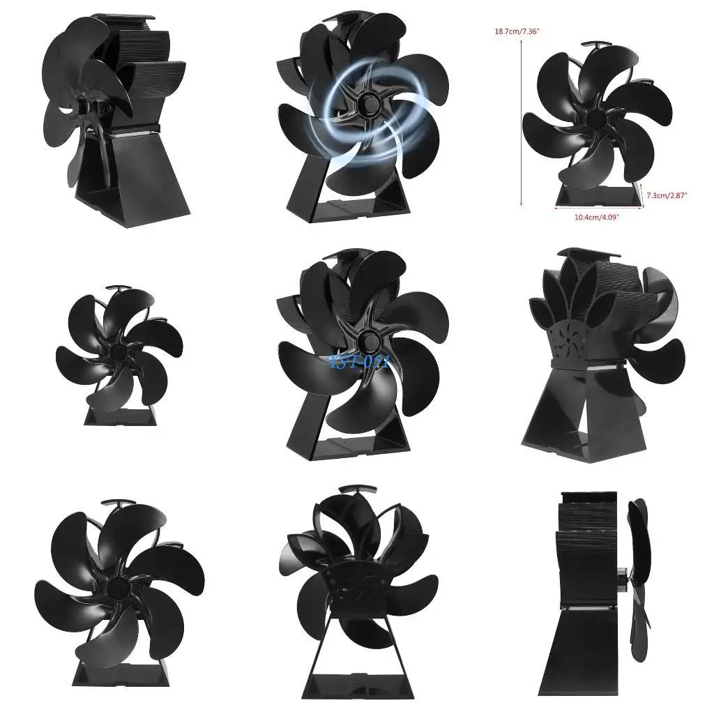 E15A 6 Blade Heat تعمل بالموقد الذي يعمل بالموقد المصغر مروحة مروحة السجل الخشب حرق المروحة هادئة توزيع حرارة فعالة كفاءة