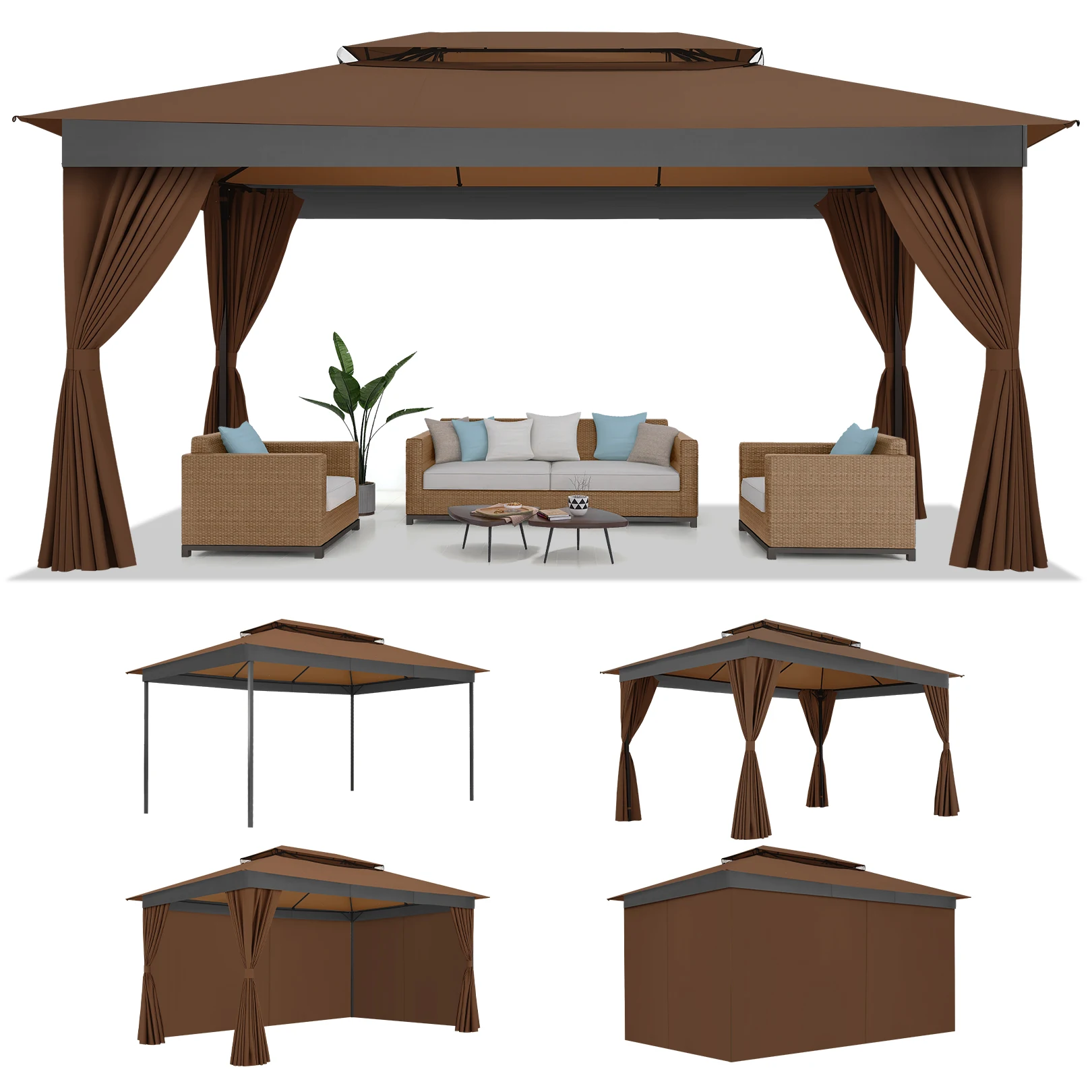 10x15FT Outdoor Gazebo Canopy Tent with Mosquito Netting, Heavy Duty Steel Frame Waterproof Patio Pergola, Double Roof Windproof All Weather Sun Shade Shelter for Backyard, Garden, Deck & Lawn