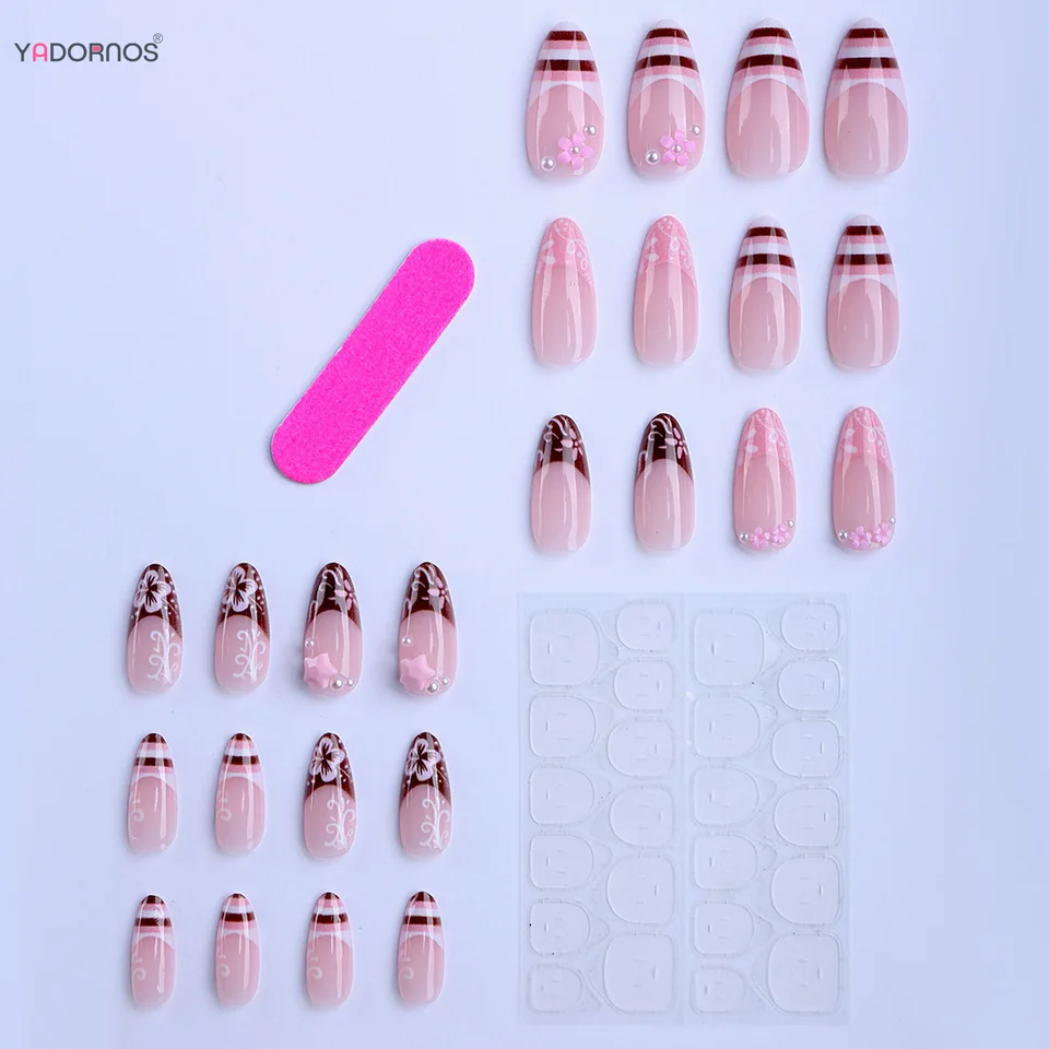 24 piezas uñas postizas dulces de primavera con flores rosas, estrellas y perlas, estilo francés almendra 4