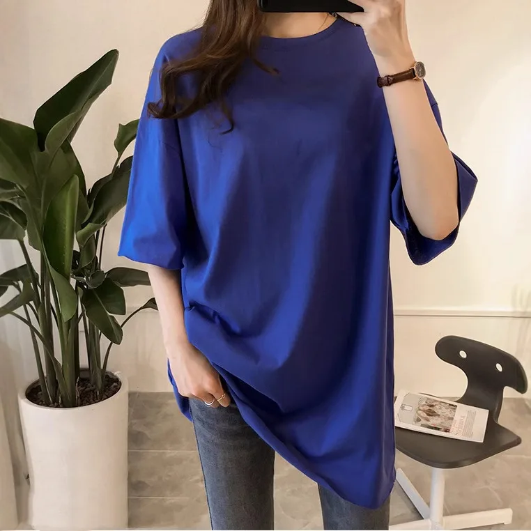   Camiseta Feminina Colorida de Manga Curta, Solta, Tamanho Grande, Efeito Emagrecedor, Comprimento Médio, Moda de Verão, Casual, Decote Redondo