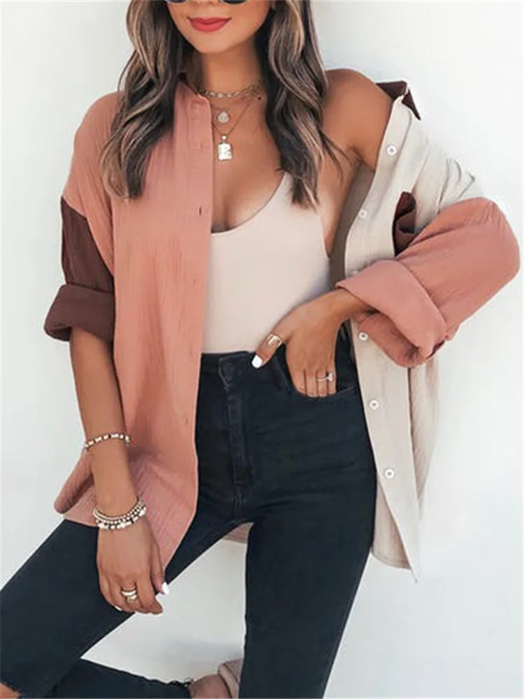 Vrouw Zoete Roze Patchwork Katoenen Shirts 2022 Lente Casual Vrouwelijke Losse Lange Mouwen Dames Chic Oversized Button Tops