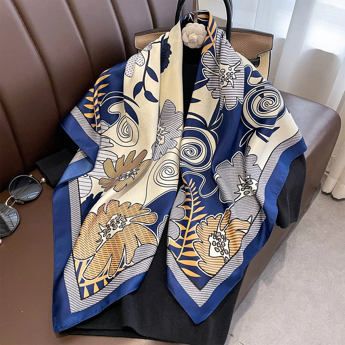 2025 Luxury Brand Square Scarf Design Shawl Wrap 90cm Print Twill Silk Women Hijab Female Foulard Headband Bandana image 5