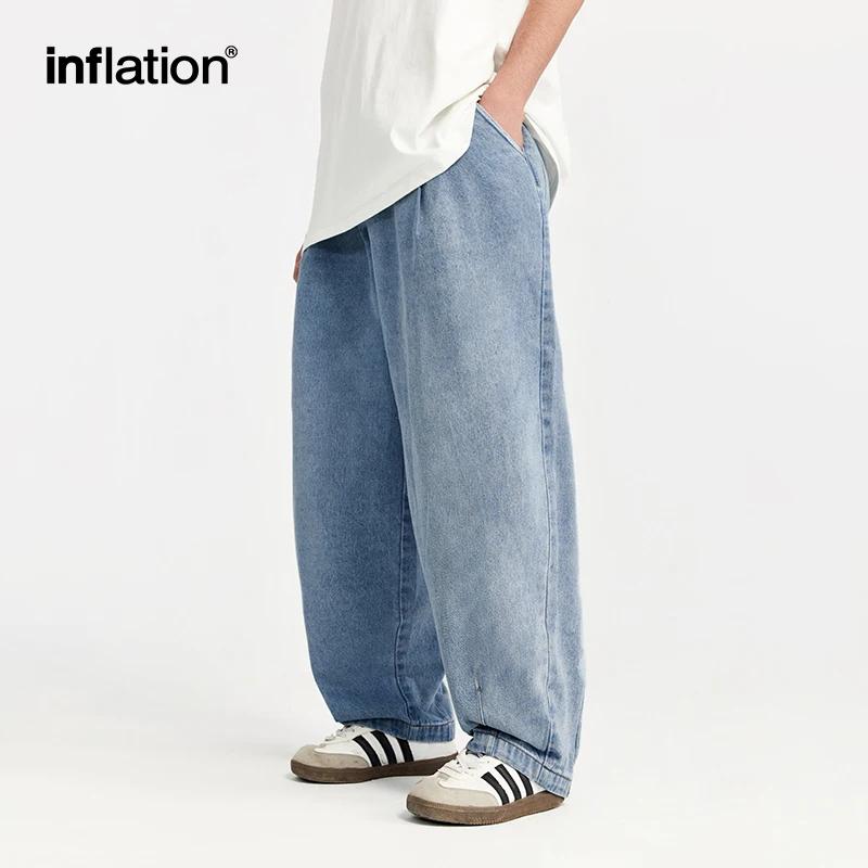 INFLATION Mens Blue Acid-washed Carrot-Fit JeansElastic Waist Denim Trousers