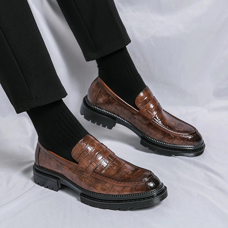 

Men's Brown Crocodile Print Platform Loafers Sizes 38-46 Black Slip on Leather Shoes Height Increasing Business Formal Footwear
