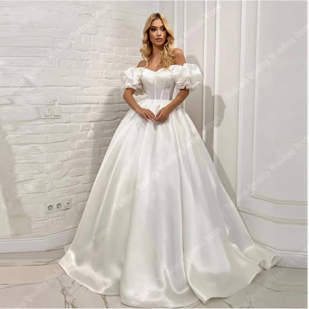 Vestidos de noiva de renda para mulheres, linda princesa marfim, linha A, fora do ombro, brilho branco, vestidos de noiva