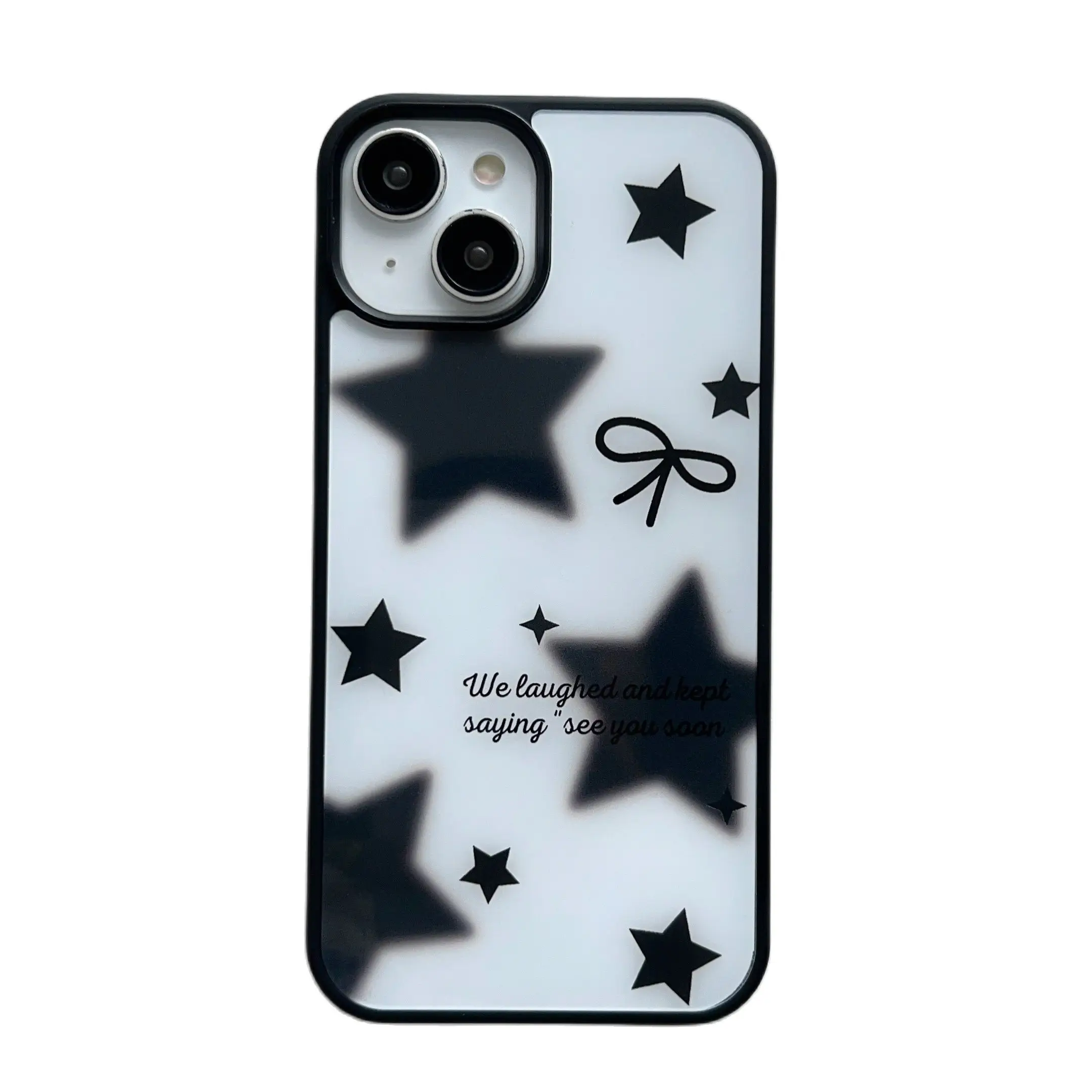 Korean Acrylic Black & White Stars Stylish Dustproof Case for iPhone 15 14 13 Pro Max Back Phone Cover for 12 11 Pro Max Capa