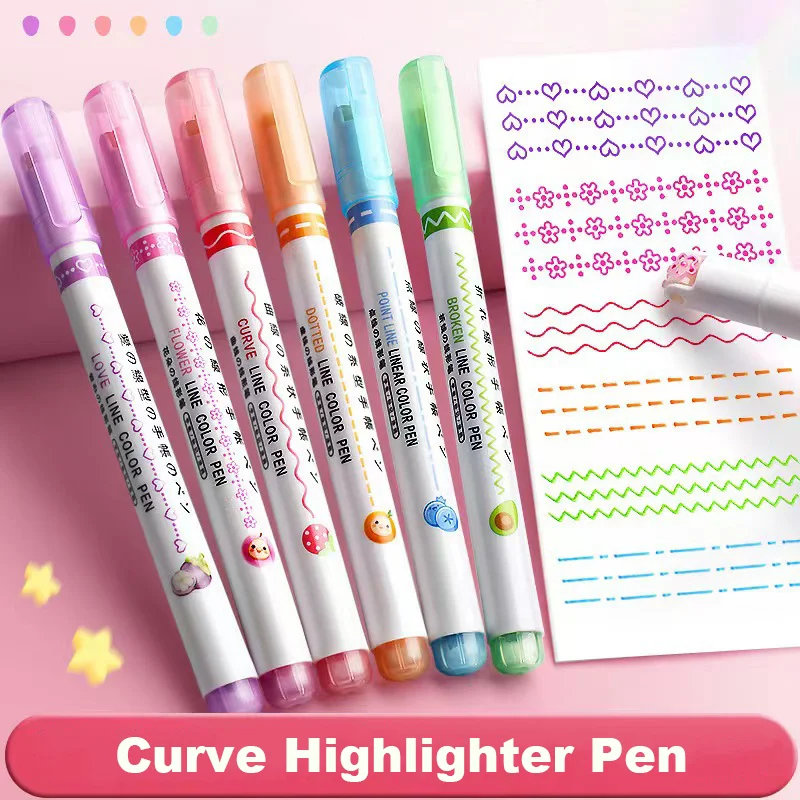 6Pcs/Set Flower Line Shaped Highlighter Pens Curve Roller Tip Marker Cute Stationery Kawaii Graffiti Noting School Acsesories