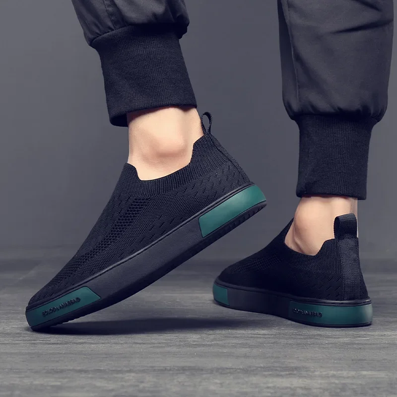 

Весенне-летняя мужская повседневная обувь, дышащая вязаная обувь для скейтбординга на плоской подошве, уличные крутые черные лоферы